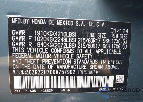 2024 Honda Hr-V Awd Ex-L/Awd Ex-L W/O Bsi from USA, damaged, VIN 3CZRZ2H70RM757902